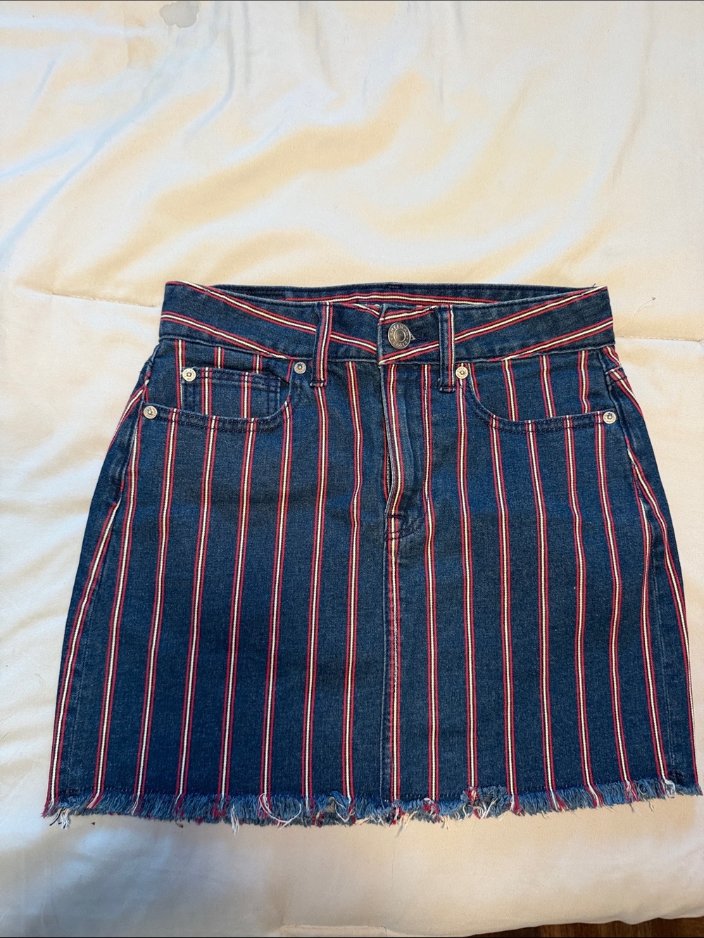 American Eagle Outfitters Navy Denim Mini Skirt with Red & White Stripes